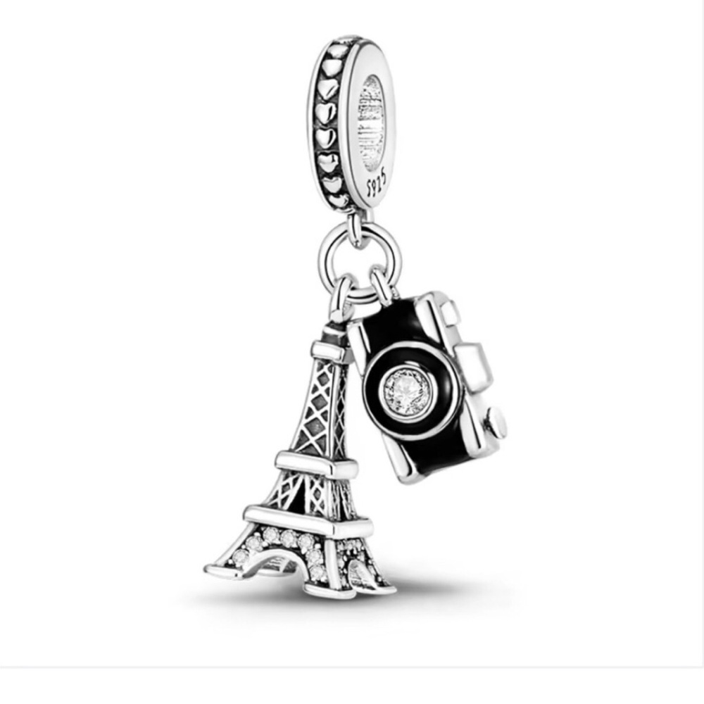 Sterling Silver Eiffel Tower & Camera Charm Pendant